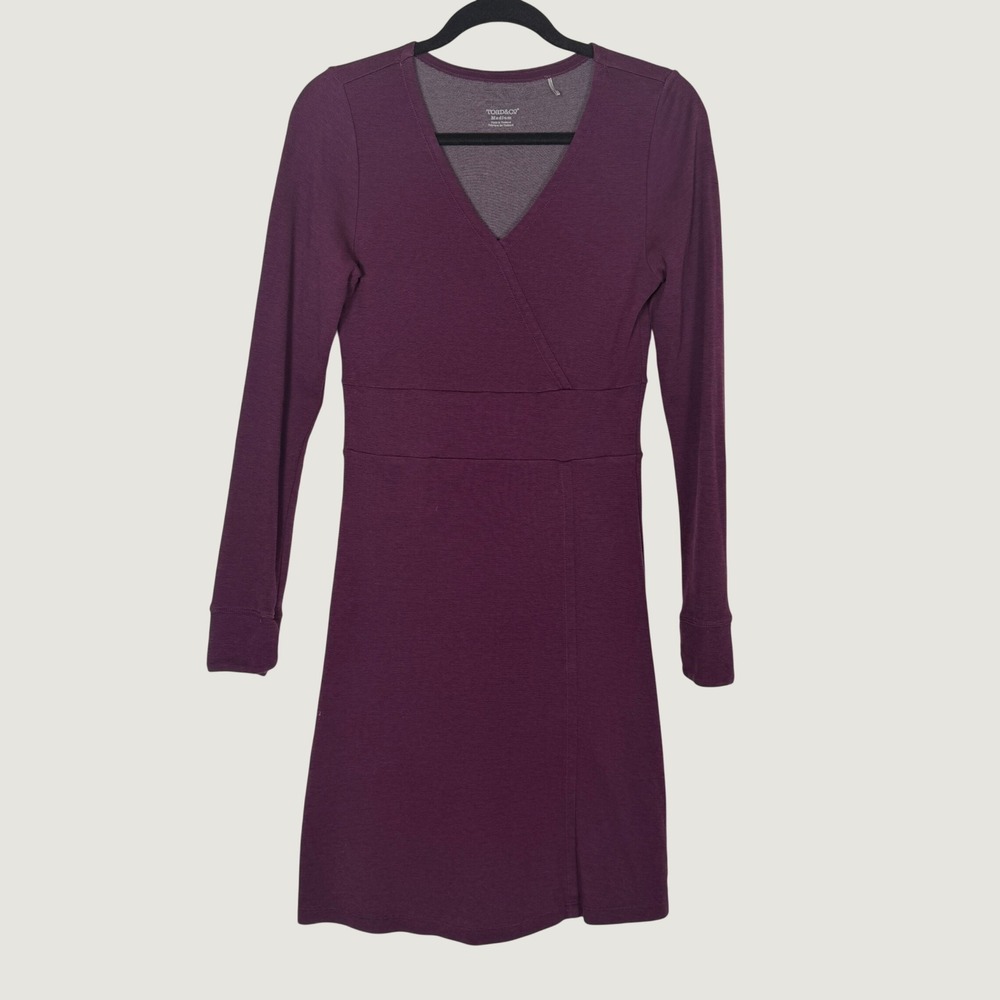 Toad&Co Finlay Plum Purple Ribbed Knit V-Neck Faux Wrap Dress Cuff Sleeve M - Picture 2 of 6